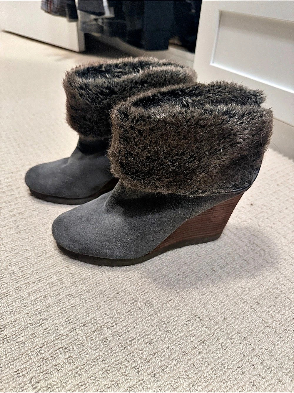 Lucky Brand Gray Fur-Collar Wedge Boots